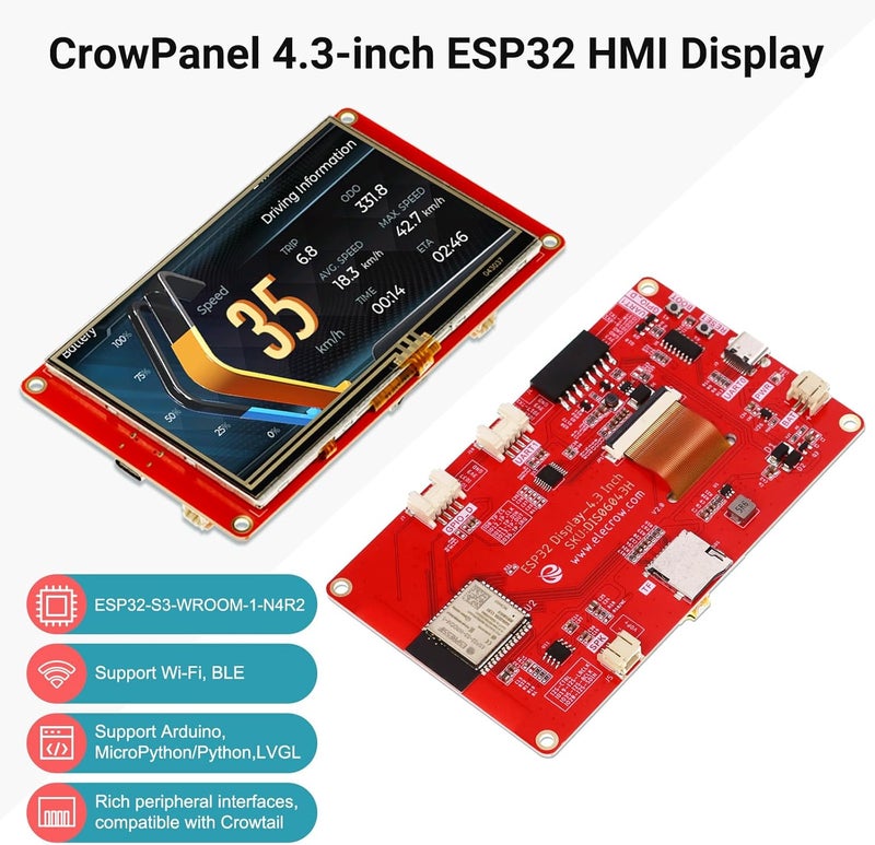 ELECROW ESP32 Display 480x272, 4.3 Inch HMI Touch Screen SPI TFT LCD Touchscreen with Acrylic Case, 32-Bit LX6 Dual-Core Processor, Up to 240MHz, Compatible with Arduino, LVGL, PlatformIO, MicroPython - Image 2